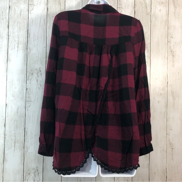 Eyeshadow Plaid Button Up Crossover Back Lace Trim Shirt Medium - Picture 3 of 10
